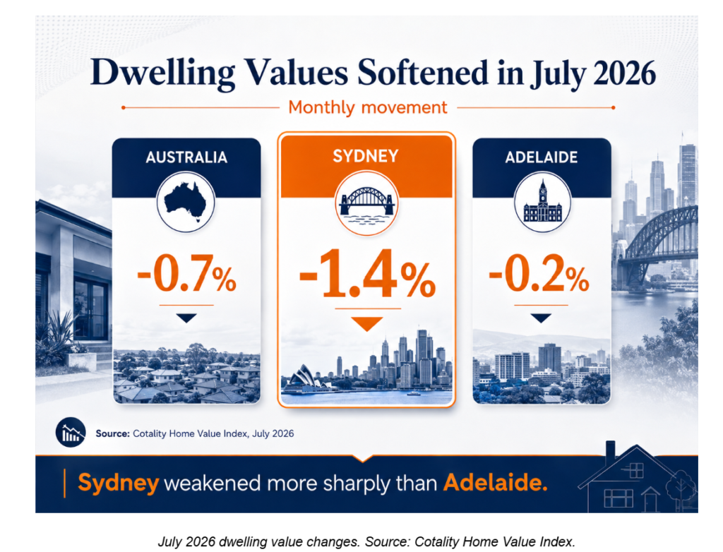 Horizontal bar chart showing July 2026 dwelling value changes of -0.7% nationally, -1.4% in Sydney and -0.2% in Adelaide.